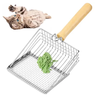 Produktbild von Katzenstreuschaufel Katzenklo-Schaufel Katzentoilettenschaufel - 29 x 14,5 cm - Edelstahl - Holzgriff - Für Katzenstreu