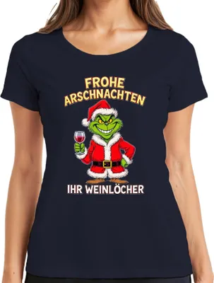 Produktbild von Frohe Arschnachten Weihnachtsgrinch Weinhumor Geschenk Weinparty Damen T-Shirt, Navy, M
