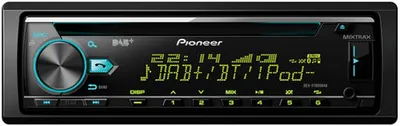 A black car stereo with a digital display and various buttons.