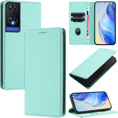 Produktbild von Litchi Leder Handyhülle für TCL 505 Wallet Kartenfächer Standfunktion Hülle Türkis