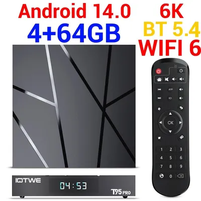 Immagine prodotto di Smart TV Box, lettore multimediale Android, dispositivo di streaming, box WLAN, TV internet, 5G, WiFi, 4K HDR, processore quad-core, HDMI, USB, Ethernet, slot per scheda di memoria, 4 GB + 64 GB, Android 14
