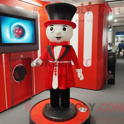 Produktbild von Maskottchenfigur REDBROKOLY eines roten Zirkusdirektors mit Minikleid und Kummerbund