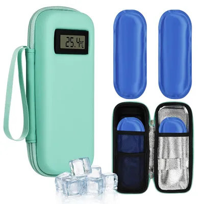 Produktbild von Tragbare Insulin-Kühlbox (Edelstein-Grün · °C-Temperaturanzeige) EVA Isolierbox mit 2 wiederverwendbaren Kühlakkus für Reisen & Medikamente