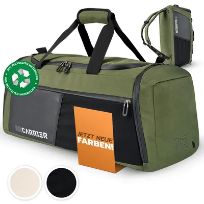 Produktbild von RECARRIER Sporttasche [RECYCELTES PET] 50L – Gym Bag und Rucksack in Einem – wasserdichte Reise- und Trainingstasche mit Schuhfach - Pinewood Green