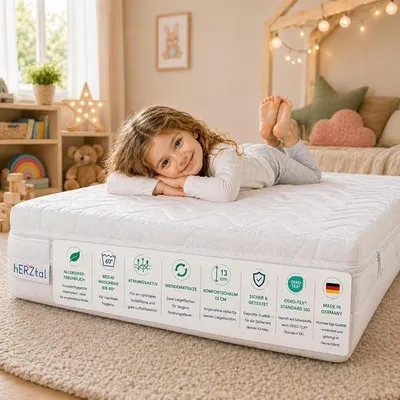 Imagen del producto de Colchón para guardería, espuma viscoelástica, 13 cm, colchón reversible, apto para personas con alergias, transpirable, certificado ® Standard 100, fabricado en Alemania (140x200 cm)
