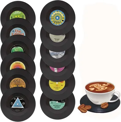 Productafbeelding van Antislip vinyl grammofoonplaatonderzetters - Set van 12 - Retro CD-grammofoonplaten - Antislip geïsoleerde koffiedrankmat - Koffie en dranken