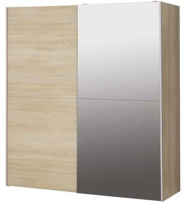 Image de Armoire coulissante ULOS en bois imitation chêne Sonoma, avec miroir, 2 portes, dimensions 170 x 61 x 190,5 cm, comprenant 2 penderies et des étagères