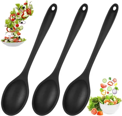 Produktbild von 3er Set Silikon Kochlöffel Schwarz 27cm Antihaft Rührlöffel - Hitzebeständig für Küche Backen Rühren