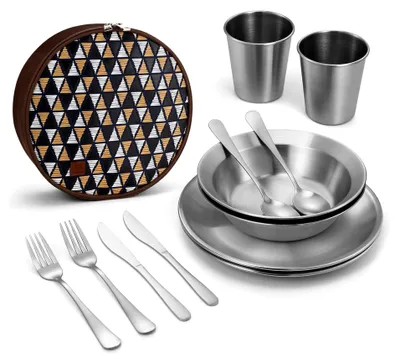 Produktbild von Campingbesteck Set Geschirrset 13 Teile aus Edelstahl mit Etui für 2 Personen für Outdoor, Reisen, Wandern und Camping