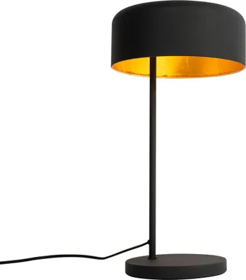 Produktbild von QAZQA - Retro Retro-Tischlampe schwarz mit Gold I Messingenem Innenleben – Jinte I Wohnzimmer I Schlafzimmer - Stahl Rund - LED geeignet E27