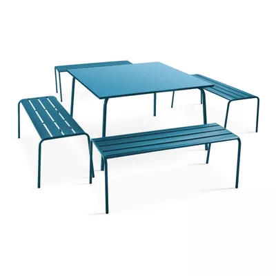 Produktbild von Quadratischer Gartentisch und 4 Metallbänke Pazifisch blau - Oviala Palavas