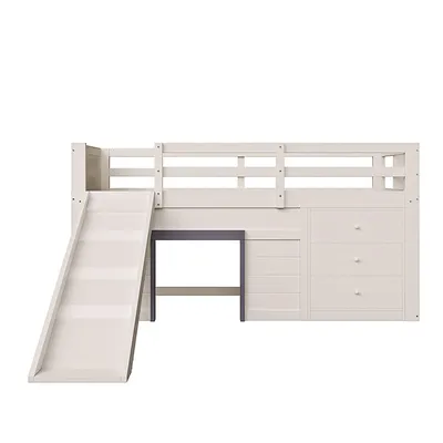 Produktbild von Merax Etagenbett 90x200 mit Rutsche, Kinderbett mit 3 Schubladen & 2 Hohl Türen, Jugendbett aus Holz, niedriges Stockbett, Creme