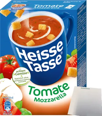 Produktbild von Heisse Tasse Tomate-Mozzarellasuppe 1er Pack (3 Beutel a 17,8g) + usy Block