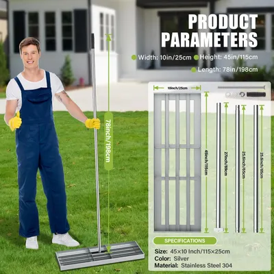 Image de Nivellement de pelouse – Râteau niveleur professionnel pour pelouse, 115x25 cm – Acier inoxydable – Tête découpée au laser – Tige métallique pour pelouses de jardin