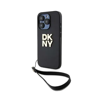 Produktbild von DKNY, Hülle für Apple iPhone 15 Pro mit Metall-Logo und Handgelenkband, Schwarz