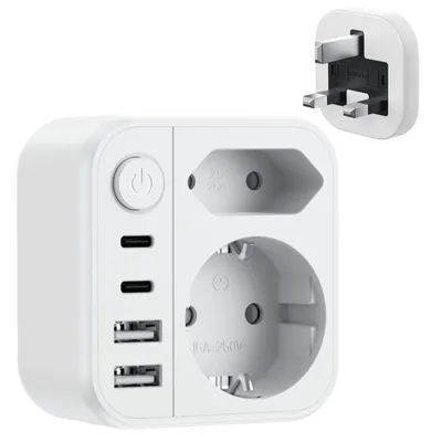 Produktbild von Reiseadapter UK Typ G, 7-in-1 Steckdosenadapter England mit Schalter (2 AC Schuko Typ C/E/F, 2 USB-C, 2 USB-A), EU auf UK Irland Schottland Dubai