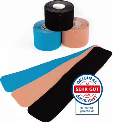 Produktbild von axion®  Kinesiologie-Tape PRECUT 3er Mix-Set, je 20 Stück, 25 x 5 cm - schwarz, blau, beige