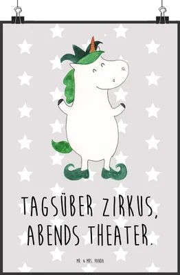 Produktbild von Mr. & Mrs. Panda Bild Einhorn Joker DIN A2 - Grau Pastell - Geschenk, Mittelalter, Unicorn, kunstdruck poster, Kasper, drucke, Hofnarr, Einhörner, wanddeko, Wandbild