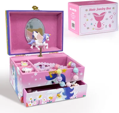 Produktbild von AdelDream Musik-Aufbewahrungsbox mit Einhorn  Engelsflügeln, Halskette, Armband, Ring und Ohrringen, Musik-Schmuckkästchen, Geschenk für Kinder