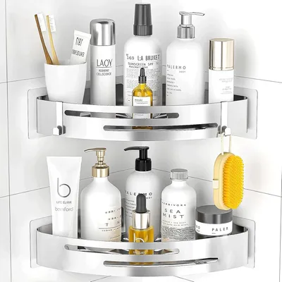 Produktbild von Duschregal ohne Bohren, Edelstahl Duschregal, 4 Haken, selbstklebend, 2 Stück, Silber