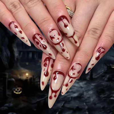 Produktbild von Künstliche Nägel zum Aufkleben, 24 Stück, lang, Mandelform, glänzend rot, blutig Design, Gothic, mit Klebepads