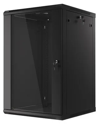 A black server rack cabinet with a glass door and a lock.