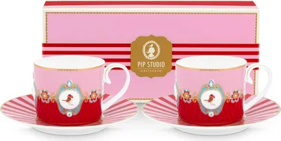 Produktbild von PIP STUDIO Love Birds Medallion Red-Pink Tasse mit Untertasse 0,15l Set2