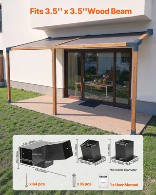 Produktbild von Pergola-Bausatz, 4x4 Zoll 3-Wege-Schräghalterungen für 92 x 92 mm Holzbalken in Originalgröße, 2er-Pack Pergola-Halterungen mit 2 Pfostenfüßen und 2 Wandhalterungen, für Pergolen, Pavillons und Schuppen im Außenbereich
