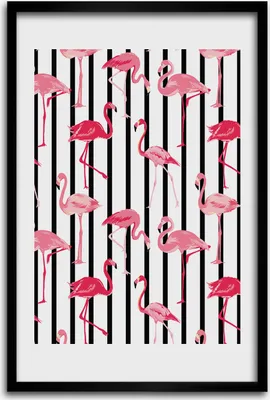 Produktbild von Bild - Bilderrahmen - 40 cm x 60 cm - MDF - Rahmen - Wandkunst - Flamingos und Streifen