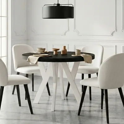 Produktbild von Runder Ausziehbarer Tisch für Esszimmer, PERO, Loft-Stil, Skandinavische, Durchmesser: 120 / 220 cm, Farbe: Schwarz / Weiß