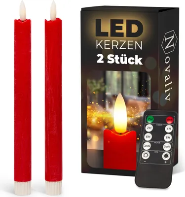 Produktbild von Stabkerzen LED mit Timer ROT 2er indoor mit 6 Stunden Timer - ECHTWACHS 23cm Höhe für Kerzen 2,2cm Durchmesser 2 AAA Batterien notwendig LED Stabkerzen flackernde Flamme bewegliche Flamme
