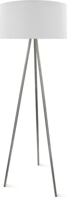 A floor lamp with a white shade and a tripod base.
