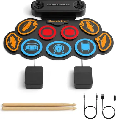 Image de Batterie électronique - Set de batterie électronique pliable - 9 pads - Compatible avec les jeux DTX - Bluetooth - Double haut-parleur - 7 styles de batterie - 6 rythmes - Noir