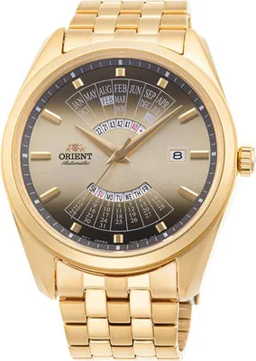 A close-up studio shot of a gold Orient automatic watch.