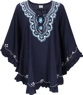 Produktbild von Bestickter Hippie Poncho, Tunika, Kaftan, Strandkleid, Maxi Größe - Nachtblau, Damen, Viskose, Blusen & Tunikas