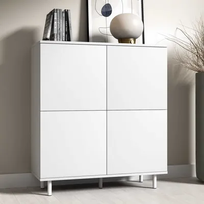 Produktbild von Kommode "Masimo" 100 cm, Aufbewahrungsschrank, Kommode mit 4 Türen, Weiß, Push-to-Open, modernes Design