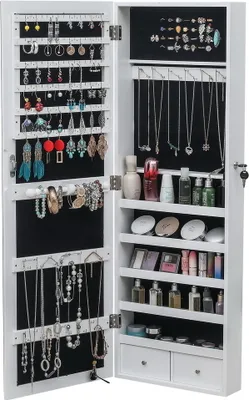 Produktbild von Schmuckschrank, Standspiegel, Schmuckregal mit Ganzkörperspiegel，Spiegelschrank 5 Ablagen, mit 2 Schubladen, weiß