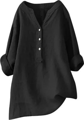 Image de ASKSA Femme Coton Lin Chemisier Unicolore Manches Longues Chemise Libre Boutons Enrouleurs Tops, Noir, Taille : 5XL