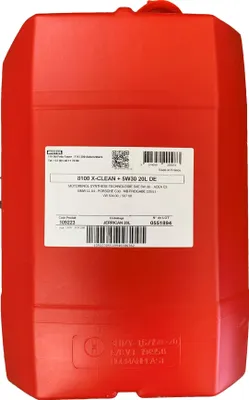 A red plastic jerrycan containing motor oil.