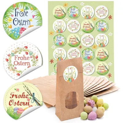 Produktbild von 24 kleine braune Ostertüten Geschenktüten MIT FENSTER + Pergamin 7 x 4 x 20,5 cm und 24 gelb pink rosa grün FROHE OSTERN OSTERHASE Osternaufkleber Geschenk Verpackung give-aways TütenOstermotive Grün / 24 Stück