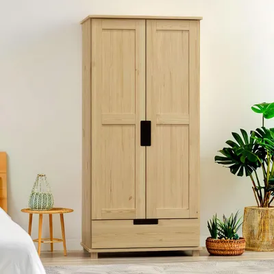 Produktbild von Kleiderschrank | 2 Drehtüren | 1 Schublade | mit Kleiderstange | 80 cm breit | Massivholz | Farbe: Natur