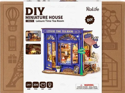 The image shows the packaging of a DIY miniature house kit, specifically a tea room.
