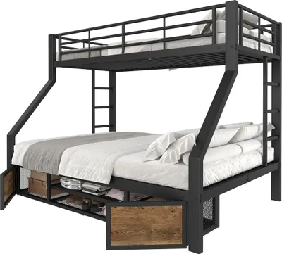Image de 90 x 200 cm, 140 x 200 cm, lit superposé, lit d'enfant, avec armoire à chaussures, compartiments de rangement, rampe de sécurité, échelle, EN747, sans matelas