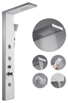 Immagine prodotto di Sistema a torre per pannelli doccia VEVOR (5 in 1) con soffione a pioggia, colonna doccia in acciaio inox (1345 mm), sistema di massaggio a pioggia per montaggio a parete, con doccetta e bocca da bagno e 3 getti per il corpo