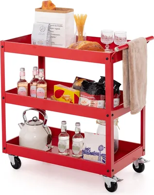 Produktbild von GOPLUS 3-stöck. Werkzeugwagen, Werkstatt Rollwagen mit 4 Universalrollen & seitlichem Handtuchhaltergriff, rollender Servicewagen für Garage (Rot)