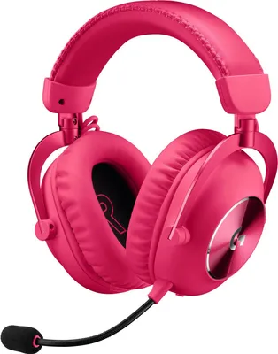 A pink Logitech G gaming headset with a microphone.
