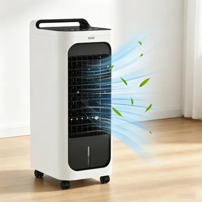 Image de Refroidisseur d'air 3-en-1 XMTECH 4 L avec bacs à glace, refroidisseur par évaporation 80 W, 3 modes, 3 vitesses, minuterie 7 h, roulettes 360°, télécommande, ventilateur humidificateur