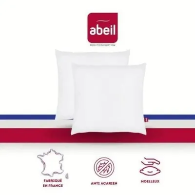 Two white pillows are shown on a white background with red and blue stripes at the bottom. There are also three icons with text below them.