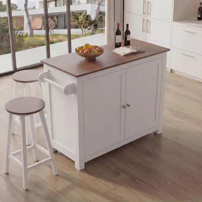 Produktbild von Kücheninsel HWC-P61 mit 2 Sitzhockern, Küchenschrank Schublade Staufächer MDF 90x120x45cm  weiß, helles Holz