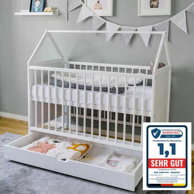 Produktbild von Babybett Beistellbett mit Schublade Hausbett Kinderbett Baby Bett höhenverstellbar und umbaubar, ohne Matratze, weiß, 60x120 cm
